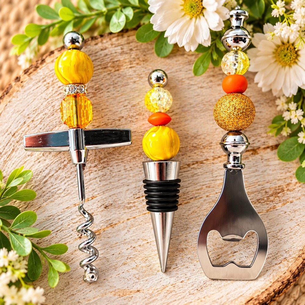Beaded Barware Set 3pc Yellow Orange Corkscrew Bottle Stopper Opener Handmade